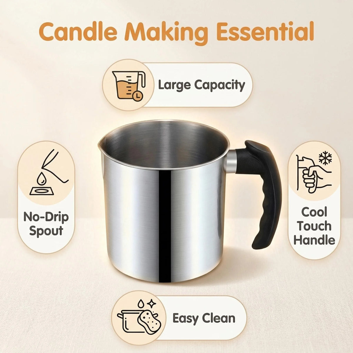 1.2L 1.8L Stainless Steel Wax Melting Pitcher with Heat Handle