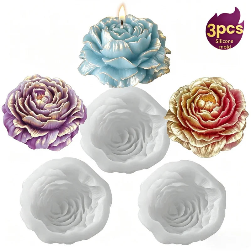 3Pcs 3D Peony Silicone Candle Molds Easy Demold Floral