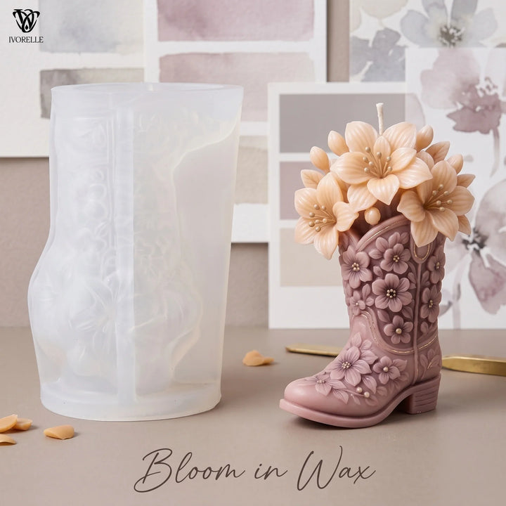 IVORELLE Boot Silicone Candle Mold Raised Floral Texture