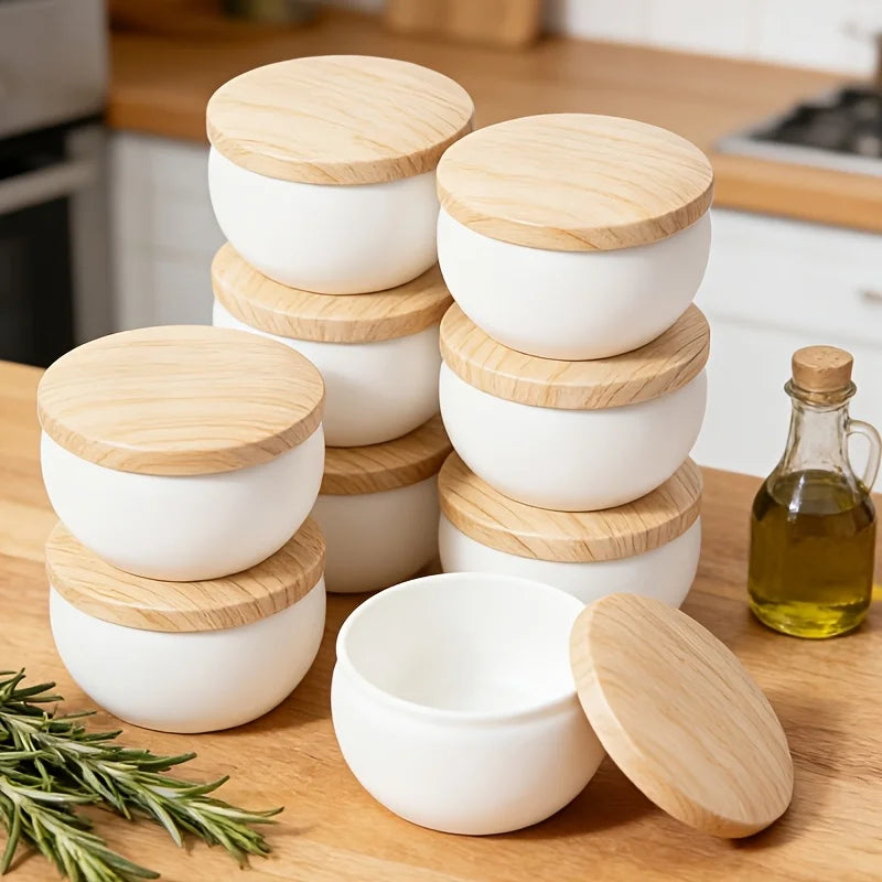 White Matte Empty Candle Jars with Wood Grain Lids 6-Piece Set